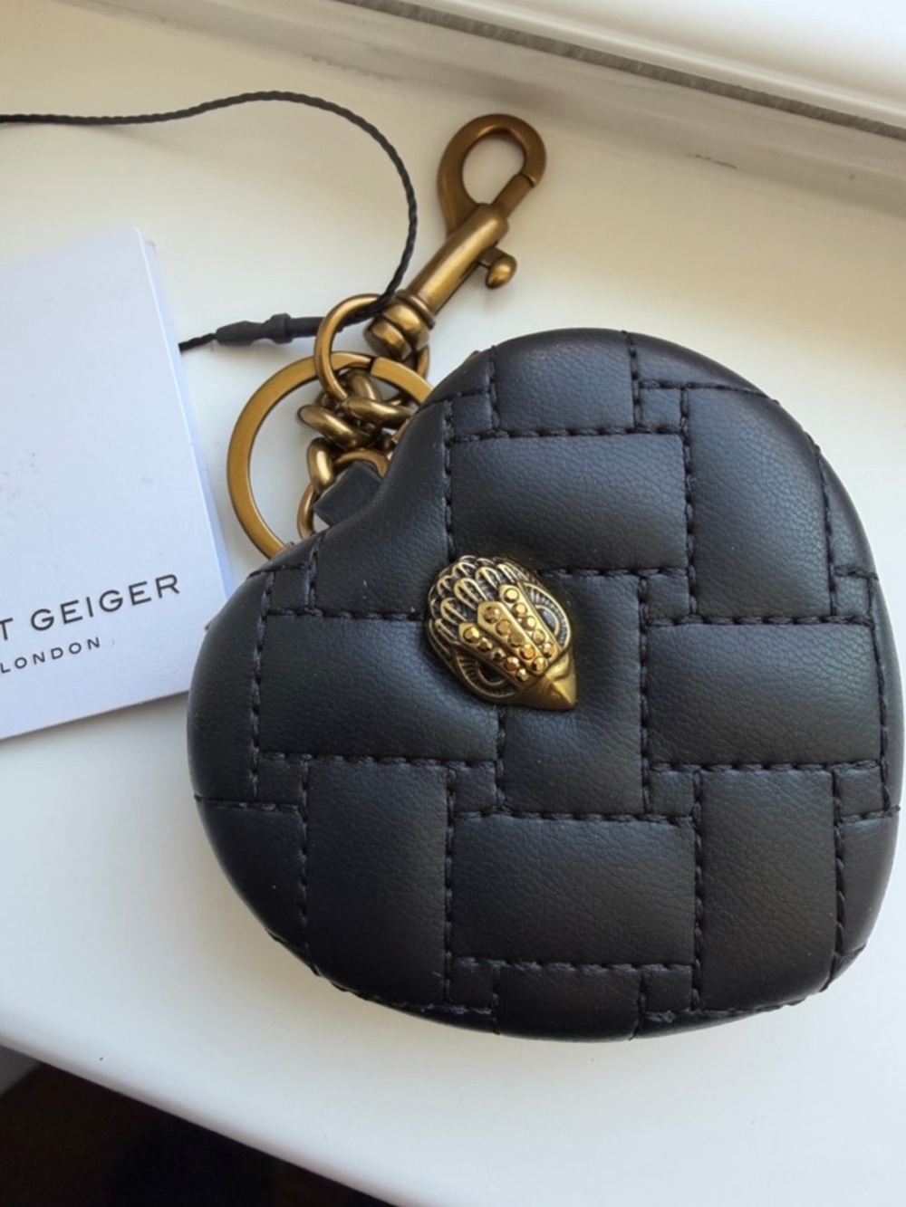 Kurt Geiger Black Quilted Heart Key & Card Holder with Gold Emblem